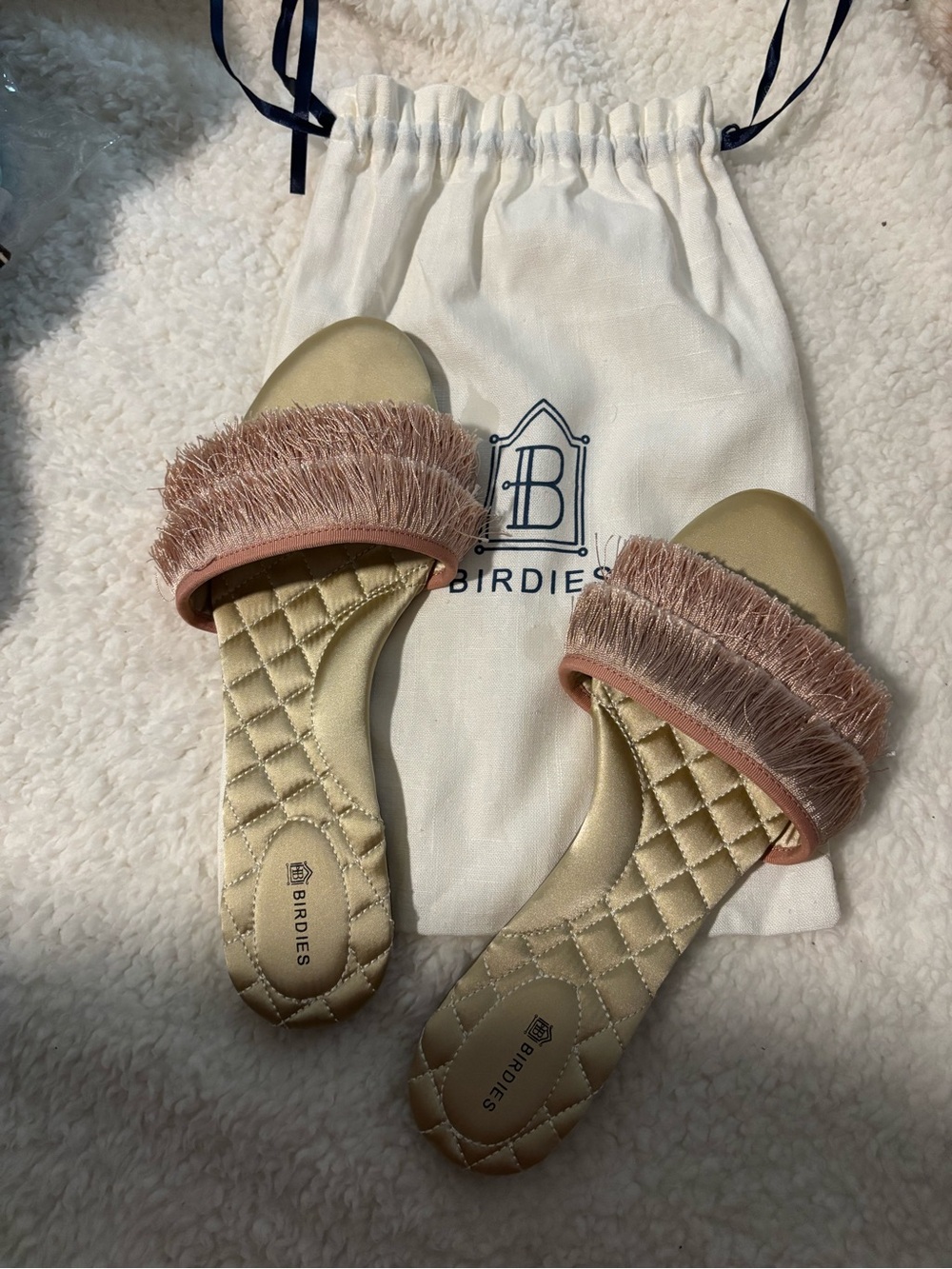 Birdies Blush Fringe Quilted Gold Footbed Slides